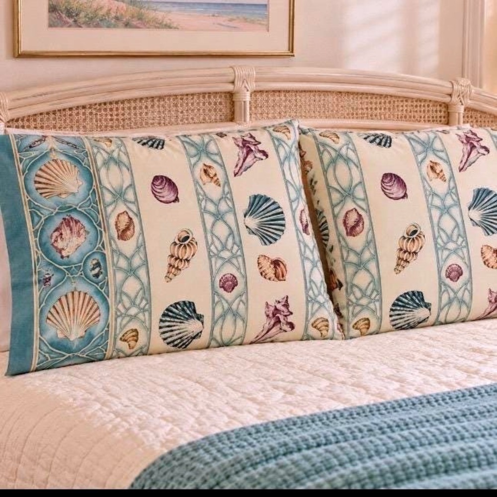 Vintage Coastal Seashell Pillowcase Set Teal Blue Cream Nautical Beach Decor 2pc